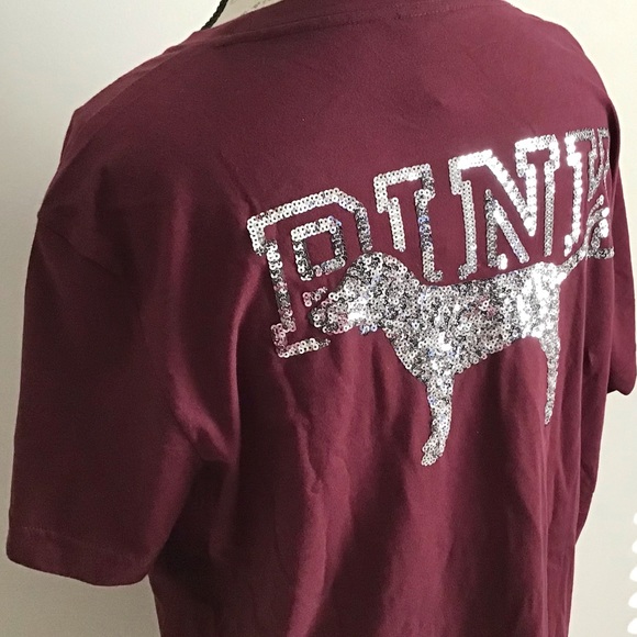 PINK VS Campus Sequins Short Sleeve Tee Top New With Tag - Picture 2 of 14